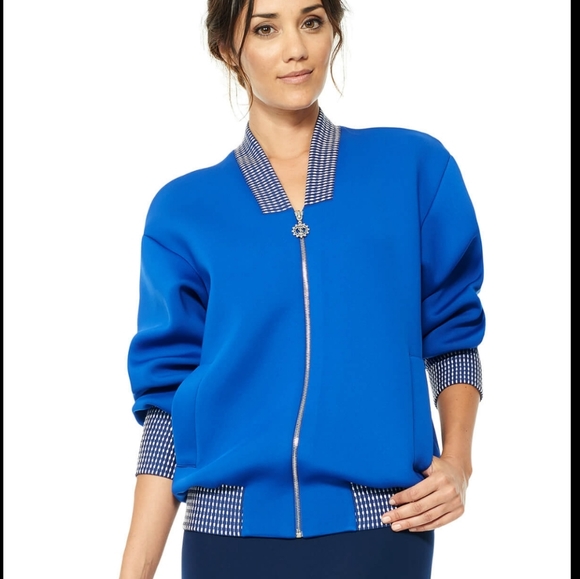 Tadashi Shoji Fuji Neoprene Jacket Full Zip Blue Women's Small - Picture 1 of 12